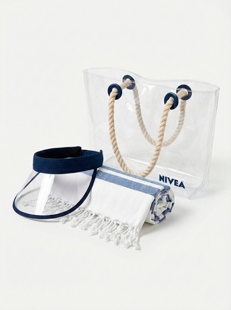Kit praia com bolsa transparente, viseira e canga personalizada